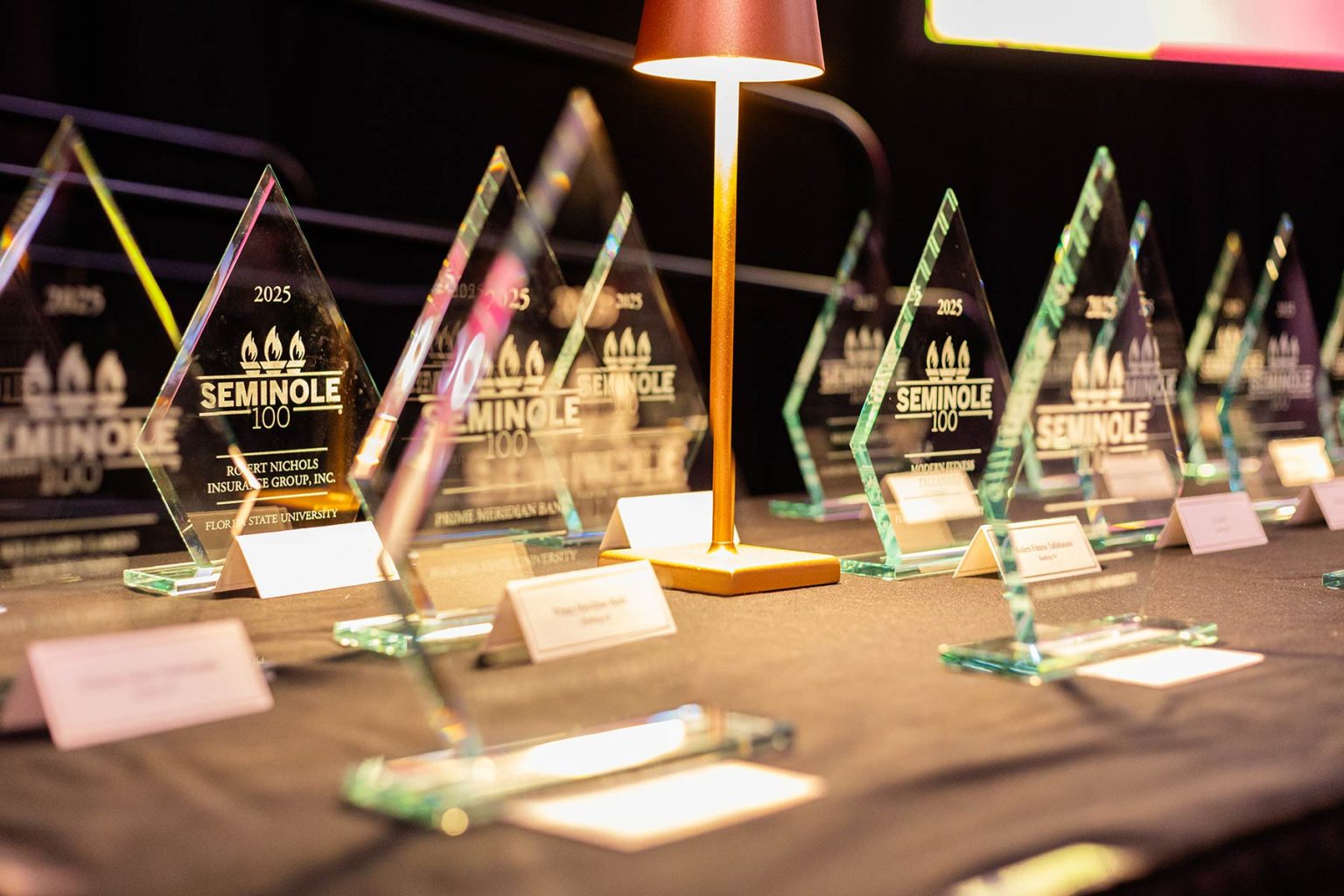 A photo of digital banners advertising the Seminole 100 celebration